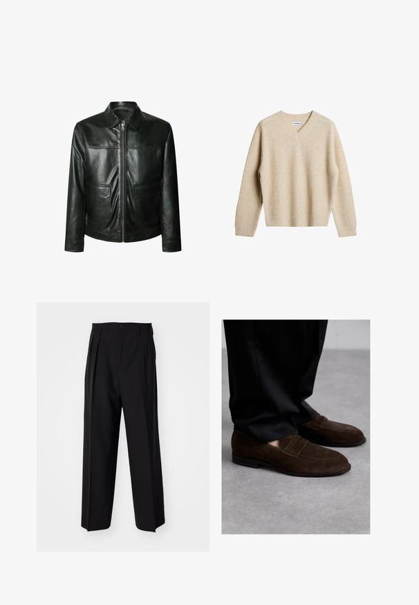 Black leather jacket featuring a zip closure, two front pockets, and a tailored collar. Smooth texture with visible stitching details.; Beige, ribbed knit sweater with a V-neck and long sleeves. Features a relaxed fit and textured fabric for added warmth and comfort.; White cotton t-shirt with a crew neck, short sleeves, and a relaxed fit. Features a brand label reading "WEEKDAY" on the neckline.; Black pleated trousers with a straight, wide-leg design. Made from smooth fabric, featuring a button closure and belt loops.; Bally CHARNEY - Smart slip-ons - ebano