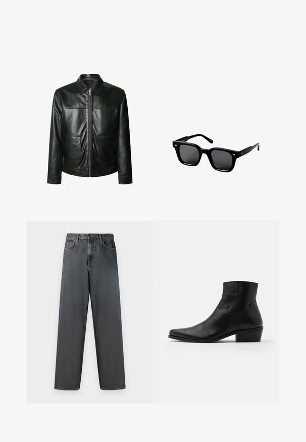 Čierna kožená bunda s uzáverom na zips, dvoma prednými vreckami a tvarovaným golierom. Hladká textúra s viditeľnými švovými detailmi.; Béžový, ribovaný pletený sveter s výstrihom do V a dlhými rukávmi. Má voľný strih a textúrovanú tkaninu pre zvýšené teplo a pohodlie.; Biely bavlnený tričko s okrúhlym výstrihom, krátkymi rukávmi a voľným strihom. Má značkovú etiketu s nápisom "WEEKDAY" na výstrihu.; Tmavé šedé riflové nohavice so strihom do rovna, piatimi vreckami a zapínaním na gombík a zips. Materiál má jemné vyblednutie a švy.; Čierna koženková členková obuv s špicatou špičkou, minimálnymi švovými detailmi, stredne vysokým blokovým podpätkom a hladkým, lesklým povrchom.; Čierne plastové štvorcové slnečné okuliare s tmavými sklami, s hrubým rámom, dvomi malými akcentovými bodkami na prednej strane a plochými ramenami.