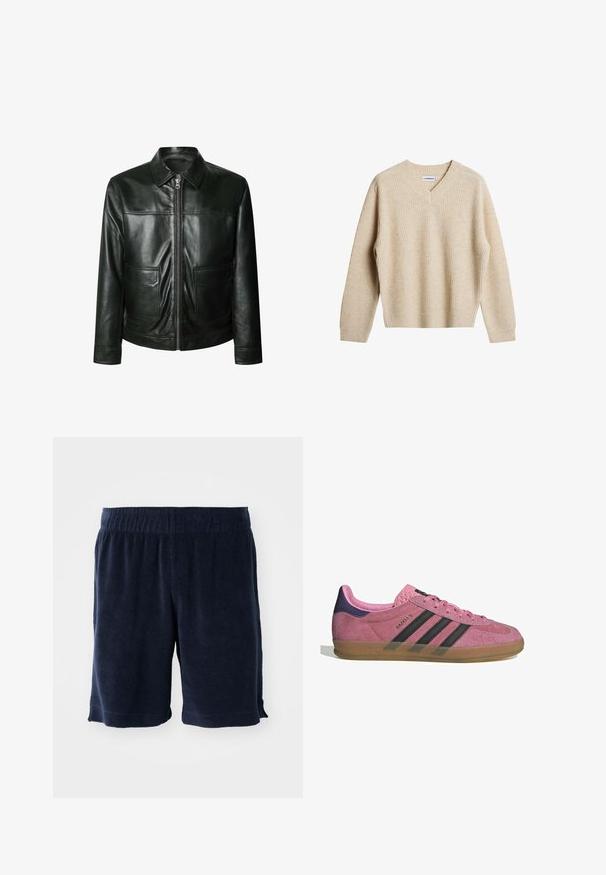 Zwarte leren jas met ritsluiting, twee voorzakken en een getailleerde kraag. Glad oppervlak met zichtbare stikdetails.; Beige, geribbelde trui met V-hals en lange mouwen. Heeft een ontspannen pasvorm en een gestructureerde stof voor extra warmte en comfort.; Witte katoenen t-shirt met een ronde hals, korte mouwen en een losse pasvorm. Heeft een merklabel met de tekst "WEEKDAY" op de hals.; Navyblauwe badstof shorts met een elastische tailleband, knielang en zijzakken. Zachte textuur en eenvoudig ontwerp.; Roze suède sneaker met zwarte strepen, rubberen zool en textuur op de paarse hak. Voorzien van een vetersluiting en opgedrukte merknaam aan de zijkant.