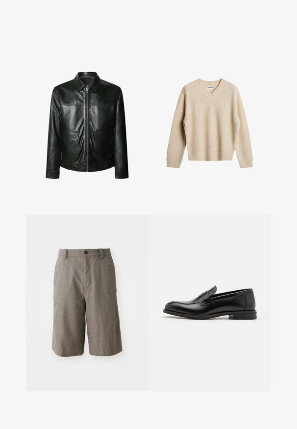 Sort læderjakke med lynlås, to frontlommer og skræddersyet krave. Glat tekstur med synlige syninger.; Beige, ribbet striktrøje med V-hals og lange ærmer. Har en afslappet pasform og tekstureret stof for ekstra varme og komfort.; Hvid bomuld t-shirt med rund halsudskæring, korte ærmer og en afslappet pasform. Har et mærke, der står "WEEKDAY", på halsudskæringen.; Gråternet shorts med skræddersyet design, med en frontknaplukning og to sidelommer. Lavet af tekstureret stof.; Sorte læderloafers med en glat overflade, rund tå og en dekorativ strop over vampen. Lav hæl med stabeldesign, minimalistisk stil.