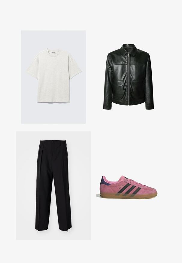 Czarna skórzana kurtka z zapięciem na zamek, dwoma przednimi kieszeniami i dopasowanym kołnierzem. Gładka faktura z widocznymi detalami szwów.; Beżowy, prążkowany sweter z dekoltem w serek i długimi rękawami. Posiada luźny krój oraz teksturowany materiał, co zapewnia dodatkowe ciepło i komfort.; Jasno szara koszulka z krótkim rękawem wykonana z dzianiny jersey. Posiada okrągły dekolt, luźny krój i delikatną fakturę. Metka o treści "WEEKDAY."; Czarne plisowane spodnie o prostym, szerokim kroju nogawek. Wykonane z gładkiego materiału, z zapięciem na guzik i pętelkami na pasek.; Różowe zamszowe sneakersy z czarnymi paskami, gumową podeszwą i teksturowanym fioletowym piętą. Posiadają sznurowany design oraz wytłoczone logo na boku.