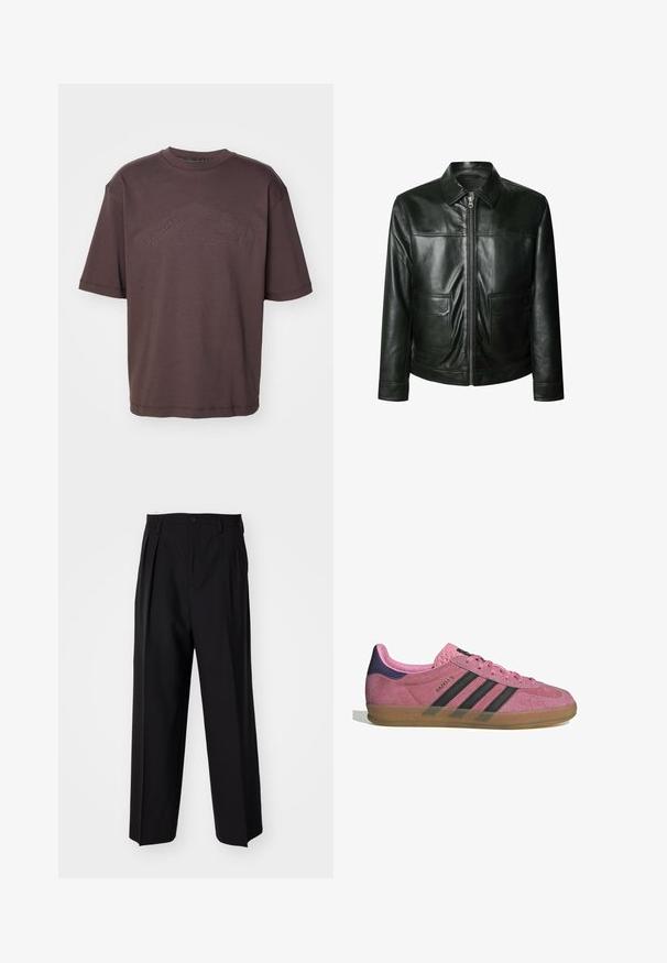 Must kellane jakk, millel on tõmblukk, kaks esipakki ja kohandatud krae. Sile tekstuur nähtavate õmblusdetailidega.; Beez, ribakudumisega sviiter V-kaelusega ja pikkade varrukatega. Omab lõdva istuvust ja tekstuurset kangast, et lisada soojust ja mugavust.; Tumepruun puuvillane T-särk, millel on ümberlõigatud kaelus ja lühikesed varrukad. Ees on reljeefne "DSQUARED2 ICON" logo. Lahtine lõige.; Mustad volditud püksid sirge ja laia säärega disainiga. Valmistatud siledast kangast, millel on nuppudega sulgemine ja vööaasad.; Roosa seemneviziga toss, millel on mustad triibud, kummist soon, ja tekstureeritud lilla konts. Omab nööridega sulgemist ja reljeefset brändingut küljel.