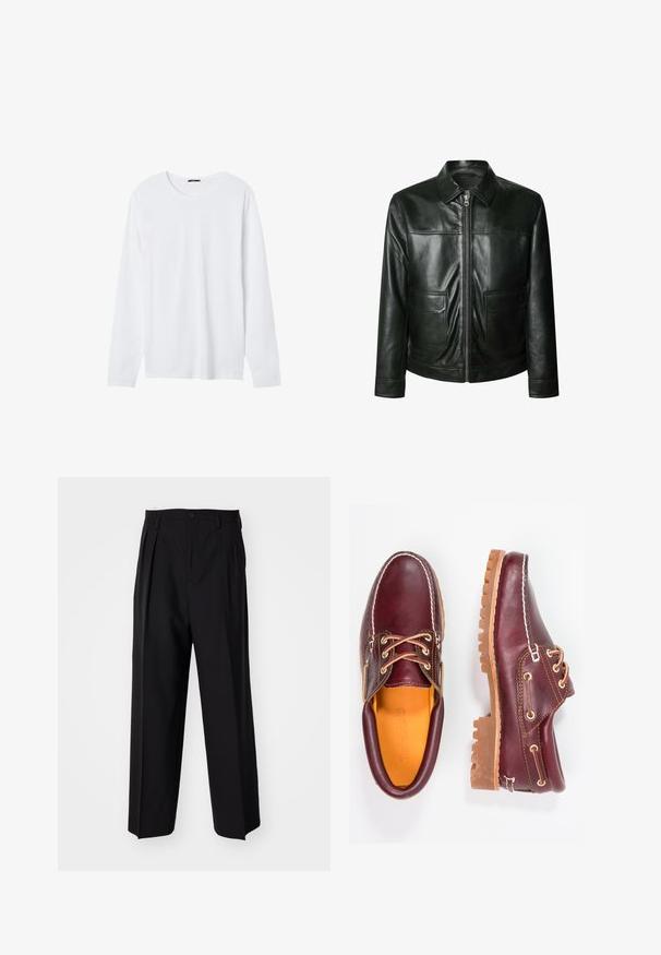 Zwarte leren jas met ritsluiting, twee voorzakken en een getailleerde kraag. Glad oppervlak met zichtbare stikdetails.; Beige, geribbelde trui met V-hals en lange mouwen. Heeft een ontspannen pasvorm en een gestructureerde stof voor extra warmte en comfort.; Wit T-shirt met lange mouwen, gemaakt van zachte katoen. Heeft een ronde halslijn en een normale pasvorm. Eenvoudig, effen van kleur zonder patronen of accenten.; Zwarte geplooide broeken met een rechte, brede pijpontwerp. Gemaakt van soepele stof, met een knoopsluiting en riemlussen.; Bordeaux leren schoenen met bruine rubberen zolen, ronde neus, witte stiksels en gouden veterogen. Het interieur heeft een gele voering.