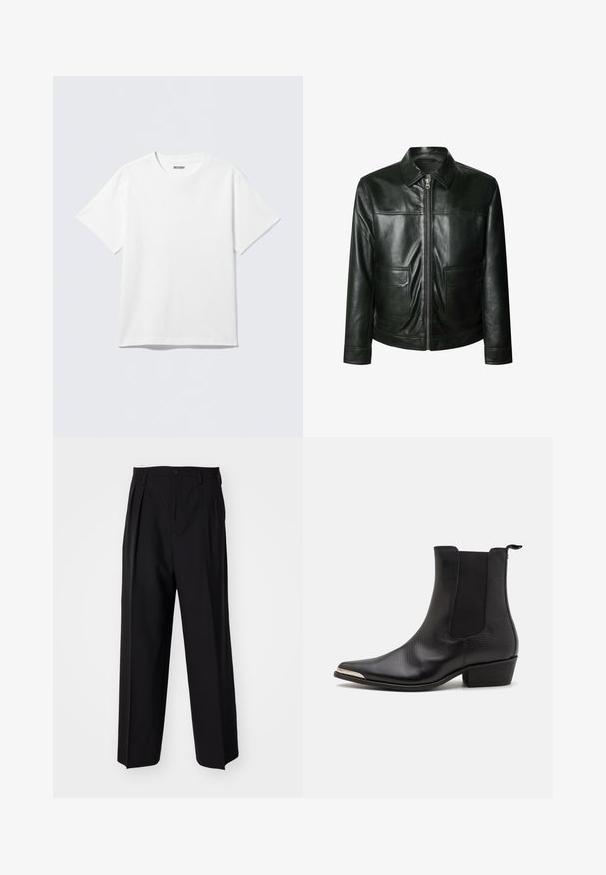 Giacca in pelle nera con chiusura a zip, due tasche frontali e colletto tailored. Texture liscia con dettagli di cucitura a vista.; Maglione beige a coste con scollo a V e maniche lunghe. Ha una vestibilità rilassata e un tessuto con texture per maggiore calore e comfort.; T-shirt bianca a maniche corte in cotone, con scollo rotondo e vestibilità comoda. Il tessuto ha una texture liscia e uniforme.; Pantaloni neri a pieghe con un design dritto e gamba larga. Realizzati in tessuto morbido, con chiusura a bottone e passanti per cintura.; Stivaletti neri realizzati in pelle testurizzata con punta a punta, pannelli laterali elastici, linguetta sul retro e tacco a blocco basso.