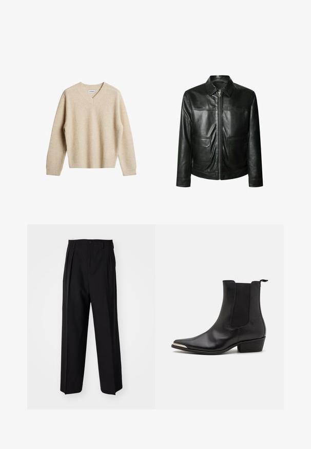 Czarna skórzana kurtka z zapięciem na zamek, dwoma przednimi kieszeniami i dopasowanym kołnierzem. Gładka faktura z widocznymi detalami szwów.; Beżowy, prążkowany sweter z dekoltem w serek i długimi rękawami. Posiada luźny krój oraz teksturowany materiał, co zapewnia dodatkowe ciepło i komfort.; Biała koszulka z krótkim rękawem wykonana z bawełny, z okrągłym dekoltem i luźnym krojem. Tkanina ma gładką, równomierną fakturę.; Czarne plisowane spodnie o prostym, szerokim kroju nogawek. Wykonane z gładkiego materiału, z zapięciem na guzik i pętelkami na pasek.; Czarne botki za kostkę wykonane z teksturowanej skóry, z ostrym noskiem, elastycznymi bocznymi panelami, pętelką z tyłu oraz niskim słupkowym obcasem.