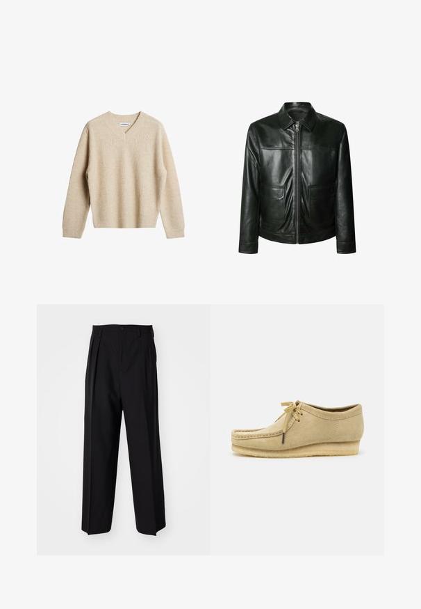 Czarna skórzana kurtka z zapięciem na zamek, dwoma przednimi kieszeniami i dopasowanym kołnierzem. Gładka faktura z widocznymi detalami szwów.; Beżowy, prążkowany sweter z dekoltem w serek i długimi rękawami. Posiada luźny krój oraz teksturowany materiał, co zapewnia dodatkowe ciepło i komfort.; Biała koszulka z krótkim rękawem wykonana z bawełny, z okrągłym dekoltem i luźnym krojem. Tkanina ma gładką, równomierną fakturę.; Czarne plisowane spodnie o prostym, szerokim kroju nogawek. Wykonane z gładkiego materiału, z zapięciem na guzik i pętelkami na pasek.; Beżowe zamszowe buty z sznurowaniem, przeszyciami i gumową podeszwą. Kształt jest casualowy z lekkim obcasem na poziomie.