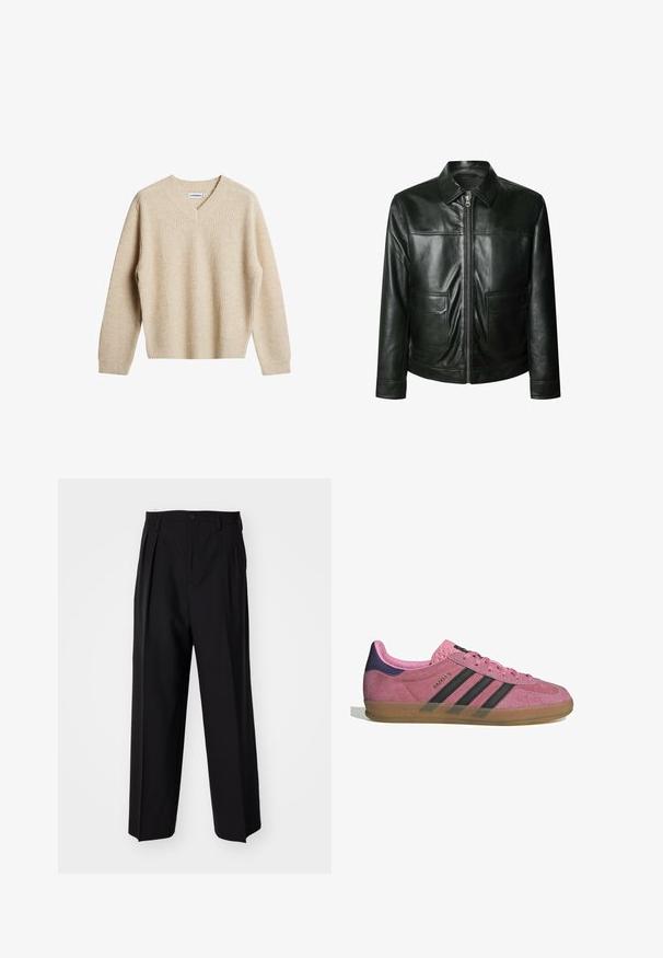 Schwarze Lederjacke mit Reißverschluss, zwei Vorder- taschen und maßgeschneidertem Kragen. Glatte Textur mit sichtbaren Nahtdetails.; Beige, gerippter Strickpullover mit V-Ausschnitt und langen Ärmeln. Bietet eine lockere Passform und eine strukturierte Oberfläche für zusätzliche Wärme und Komfort.; Weißes Baumwoll-T-Shirt mit rundem Halsausschnitt, kurzen Ärmeln und lockerer Passform. Verziert mit einem Markenlabel mit der Aufschrift "WEEKDAY" am Halsausschnitt.; Schwarze, plissierte Hose mit geradem, weitem Bein. Hergestellt aus glattem Stoff, mit Knopfverschluss und Gürtelschlaufen.; Rosa Wildleder-Sneaker mit schwarzen Streifen, Gummisohle und strukturiertem lila Fersenbereich. Verfügt über ein Schnürdesign und geprägte Markenkennzeichnung an der Seite.