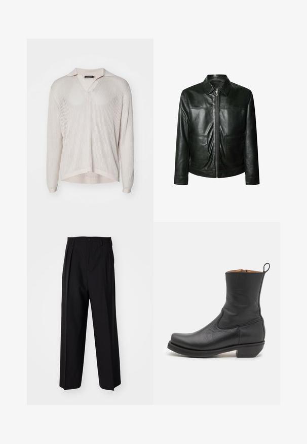 Schwarze Lederjacke mit Reißverschluss, zwei Vorder- taschen und maßgeschneidertem Kragen. Glatte Textur mit sichtbaren Nahtdetails.; Kurzarm, hellbeige gestrickter Pullover mit V-Ausschnitt und Kragen. Verfügt über eine gerippte Textur und eine lockere Passform mit einem gespaltenen Saum.; Schwarze, plissierte Hose mit geradem, weitem Bein. Hergestellt aus glattem Stoff, mit Knopfverschluss und Gürtelschlaufen.; Schwarze Leder-Stiefelette mit glatter Oberfläche, schlankem Profil, seitlicher Naht und niedrigem, quadratischen Absatz. Verfügt über eine Zuglasche an der Rückseite.