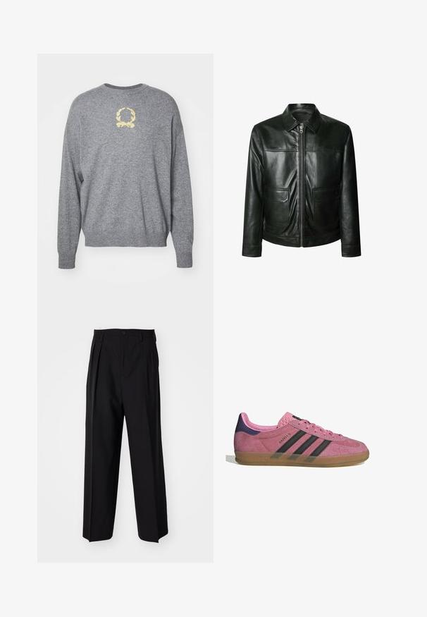 Must kellane jakk, millel on tõmblukk, kaks esipakki ja kohandatud krae. Sile tekstuur nähtavate õmblusdetailidega.; Hallide hall villane soe sviiter ümmarguse kaelusega, millel on rinnael laimiv rohelise lauri kujutis ning ribakudumisest cuffs ja hem.; Valge puuvillane T-särk, millel on ümmargune kaelus, lühikesed varrukad ja mugav lõige. Kaeluse lähedal on brändi silt, millel on kirjas "WEEKDAY".; Mustad volditud püksid sirge ja laia säärega disainiga. Valmistatud siledast kangast, millel on nuppudega sulgemine ja vööaasad.; Roosa seemneviziga toss, millel on mustad triibud, kummist soon, ja tekstureeritud lilla konts. Omab nööridega sulgemist ja reljeefset brändingut küljel.