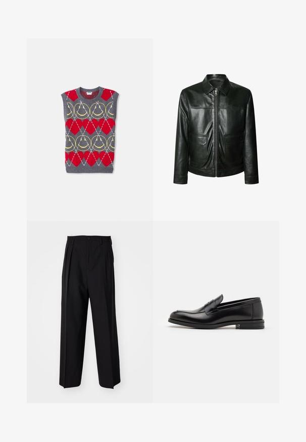 Crna kožna jakna s zatvaranjem na cik-cak, dva prednja džepa i skrojeni kragnom. Glatka tekstura s vidljivim detaljima šivanja.; Siva pletena prsluk bez rukava s crvenim srcima, žutim lancima i bijelim dijagonalnim linijama u ponavljajućem uzorku, s oznakom Moschino.; Crne plisirane hlače s ravnim širokim nogavicama. Izrađene od glatkog materijala, s dugmadi za zatvaranje i petljama za remen.; Crni kožni mokasini s glatkom teksturom, zaobljenim prstima i ukrasnom trakom preko prednjeg dijela. Niski slojeviti potplat, minimalistički dizajn.