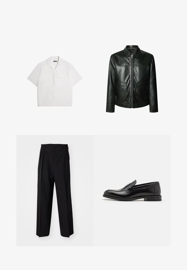 Musta nahkatakki, jossa on vetoketjusuljenta, kaksi etupoketta ja muotoiltu kaulus. Tasainen pinta, jossa näkyvät ompeluyksityiskohdat.; Lyhythihainen valkoinen paita, pehmeä rakenne, nappikiinnitys edessä, levitetty kaulus, yksi rintatasku, rento laatikkomainen muotoilu. Yksivärinen ilman kuvioita.; Valkoinen puuvillapaita, jossa on pyöreä kaula-aukko, lyhyet hihat ja rento leikkaus. Kauluksessa on merkkilapuke, jossa lukee "WEEKDAY".; Mustat laskostetut housut, joissa on suora, leveä lahje. Valmistettu sileästä kankaasta, jossa on nappisuljenta ja vyölenkit.; Mustat nahkakengät, joissa on sileä pinta, pyöreä kärki ja koristeellinen nauha jalkapöydän yli. Matala pinoitu koroke, minimalistinen muotoilu.
