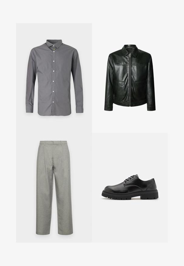 Black leather jacket featuring a zip closure, two front pockets, and a tailored collar. Smooth texture with visible stitching details.; Gray long-sleeve shirt made of cotton blend, featuring a classic collar, button front, and shiny white buttons along the placket.; Gray tailored trousers made of textured fabric, featuring a straight-leg design, front pleats, and a standard waistband with belt loops.; Black leather shoes with a rounded toe, lace-up design, and a thick, textured rubber sole. Features stitching along the edge and a smooth finish.