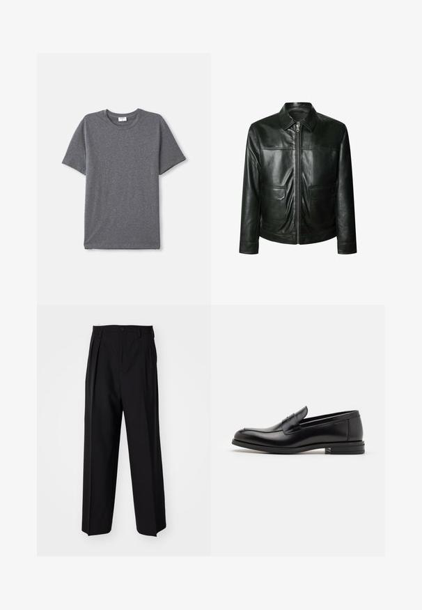 Zwarte leren jas met ritsluiting, twee voorzakken en een getailleerde kraag. Glad oppervlak met zichtbare stikdetails.; Grijs T-shirt met korte mouwen, gemaakt van zacht en glad materiaal. Klassieke ronde halslijn met een ontspannen pasvorm en zonder opvallende ontwerpelementen.; Zwarte geplooide broeken met een rechte, brede pijpontwerp. Gemaakt van soepele stof, met een knoopsluiting en riemlussen.; Zwarte leren instappers met een gladde textuur, ronde neus en een decoratieve band over de wreef. Lage, gestapelde hak en minimalistisch ontwerp.