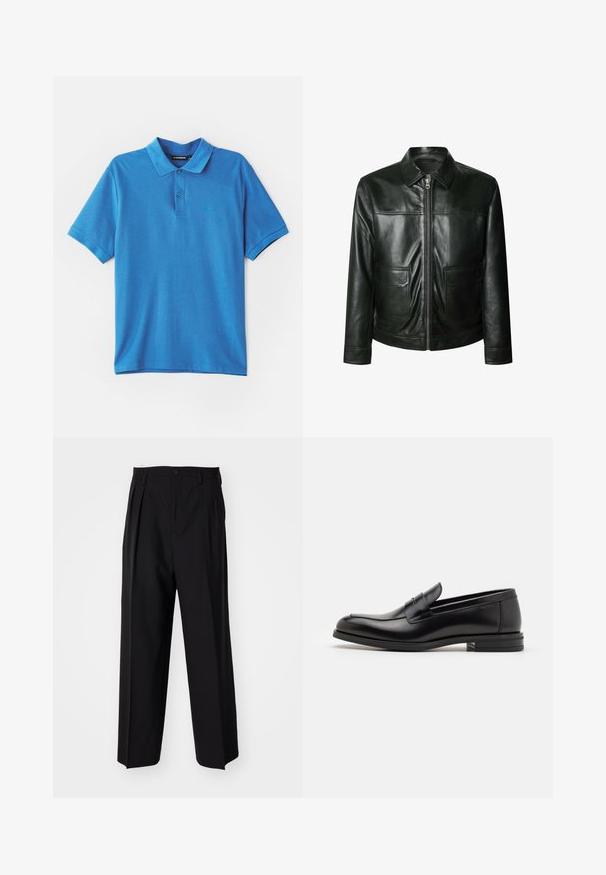 Čierna kožená bunda s uzáverom na zips, dvoma prednými vreckami a tvarovaným golierom. Hladká textúra s viditeľnými švovými detailmi.; Modrá polo tričko vyrobené z mäkkej látky. Obsahuje klasický golier, zapínanie na tri gombíky a malé logo na hrudi.; Čierne skladané nohavice s rovnom, širokým strihom. Vyrobené z hladkého materiálu, s gombíkovým zapínaním a pútkami na opasok.; Čierne kožené mokasíny s hladkou textúrou, zaoblenou špičkou a dekoračným pásikom cez priehlavok. Nízky vrstvený opätok, minimalistický dizajn.
