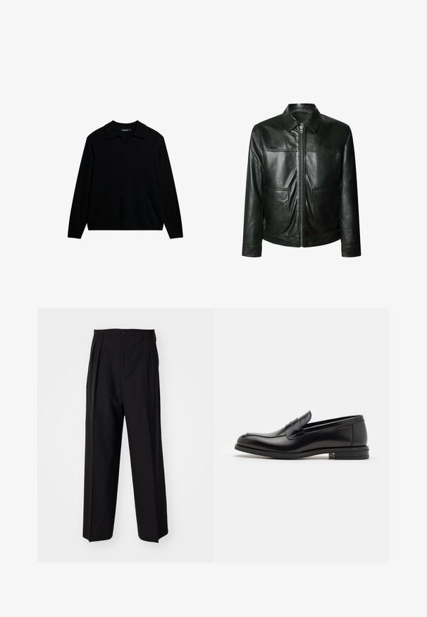 Juodas odinis švarkas su užtrauktuku, dviem priekinėmis kišenėmis ir pritaikytu apykakle. Lygus paviršius su matomomis siuvimo detalėmis.; Juodas ilgas rankovėmis polo marškinėlis, pagamintas iš mezginio audinio. Savybė - apykaklė ir tiesus kraštas, be dekoratyvinių elementų ar raštų.; Juodi klostuoti kelnių, su tiesiu, plačiu kojų dizainu. Pagaminti iš lygios medžiagos, su mygtukų uždarymu ir diržo kilputėmis.; Juodos odinės loafers, turinčios lygų paviršių, apvalią noselę ir dekoratyvinę juostą per priekinę dalį. Žemas krentantis kulnas, minimalistinis dizainas.
