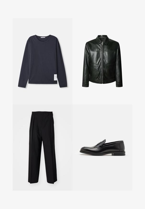 Zwarte leren jas met ritsluiting, twee voorzakken en een getailleerde kraag. Glad oppervlak met zichtbare stikdetails.; Langsleeve, ronde hals t-shirt in donker marineblauw katoen met een zachte textuur, met een klein wit label aan de linkerkant.; Zwarte geplooide broeken met een rechte, brede pijpontwerp. Gemaakt van soepele stof, met een knoopsluiting en riemlussen.; Zwarte leren instappers met een gladde textuur, ronde neus en een decoratieve band over de wreef. Lage, gestapelde hak en minimalistisch ontwerp.