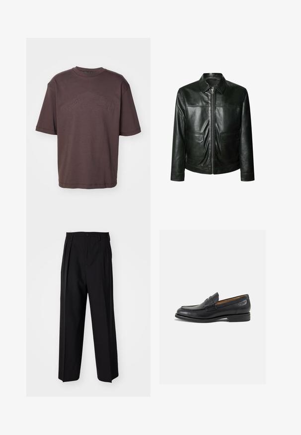 Juodas odinis švarkas su užtrauktuku, dviem priekinėmis kišenėmis ir pritaikytu apykakle. Lygus paviršius su matomomis siuvimo detalėmis.; Tamsiai rudas medvilnės marškinėliai su apvaliu kaklu ir trumpomis rankovėmis. Iškilmingas „DSQUARED2 ICON“ logotipas priekyje. Laisvas kirpimas.; Juodi klostuoti kelnių, su tiesiu, plačiu kojų dizainu. Pagaminti iš lygios medžiagos, su mygtukų uždarymu ir diržo kilputėmis.; Juodi odiniai loafersai su lygiu paviršiumi, apvaliu pirštu ir dekoratyvine siūlė viršuje. Žemas sustiprintas kulnas ir lengvas blizgesys.