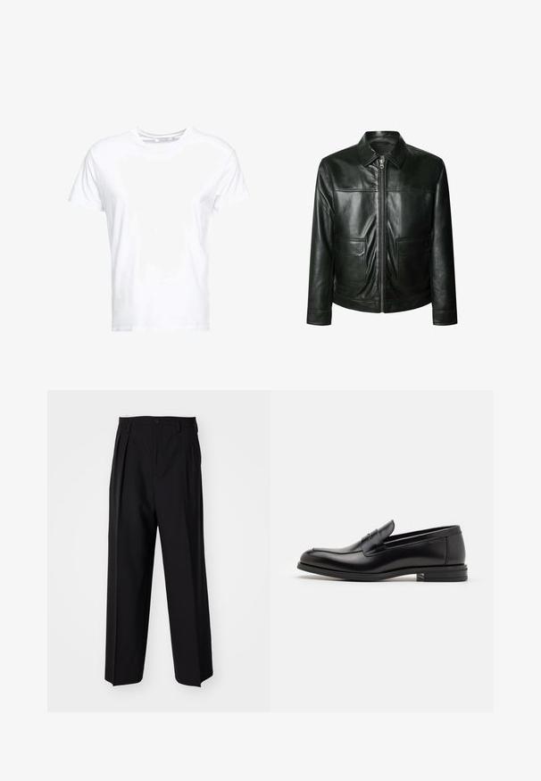 Black leather jacket featuring a zip closure, two front pockets, and a tailored collar. Smooth texture with visible stitching details.; White cotton t-shirt features a round neckline and short sleeves, with a classic fit and smooth texture. No patterns or hardware visible.; Black pleated trousers with a straight, wide-leg design. Made from smooth fabric, featuring a button closure and belt loops.; Black leather loafers with a smooth texture, rounded toe, and a decorative strap across the vamp. Low stacked heel, minimalist design.