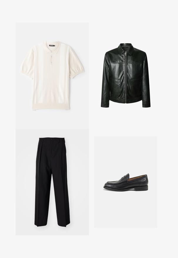 Musta nahkatakki, jossa on vetoketjusuljenta, kaksi etupoketta ja muotoiltu kaulus. Tasainen pinta, jossa näkyvät ompeluyksityiskohdat.; Kermainen lyhythihainen piikkopaita, jossa on sileä pinta. Paidassa on kolme nappia, herkät pystysuorat raidat ja klassinen kaulussuunnittelu.; Mustat laskostetut housut, joissa on suora, leveä lahje. Valmistettu sileästä kankaasta, jossa on nappisuljenta ja vyölenkit.; Mustat nahkaloaferit, joissa on sileä pinta, pyöreä varvas ja koristeompeleet varpaansuojassa. Matala pinottu korko ja hieno kiilto.