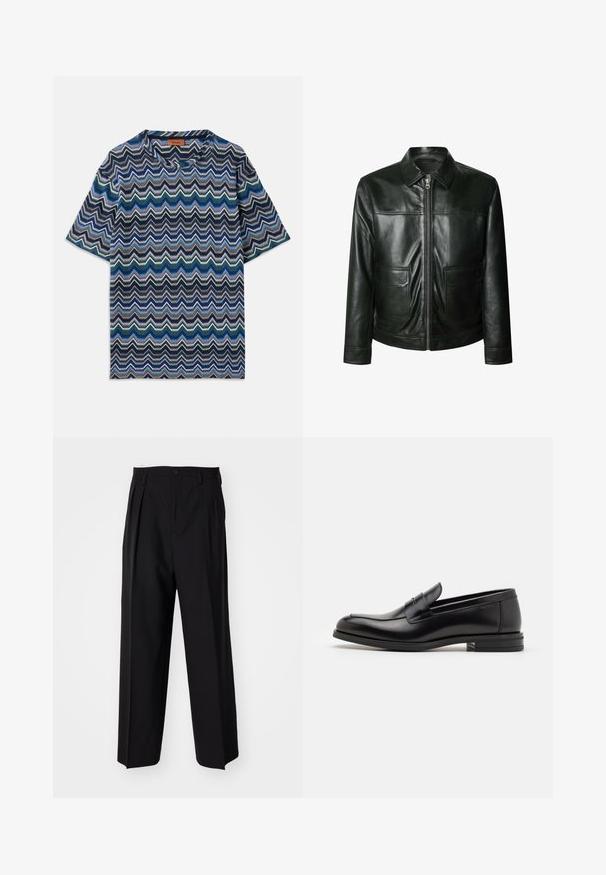 Melna ādas jaka ar rāvējslēdzēju, divām priekšējām kabatām un pielāgotu apkakli. Gluda tekstūra ar redzamām šuvju detaļām.; Īsa piedurkne T-krekls ar zigzaga rakstu jūras zilā, zilā, zaļā un baltā krāsā. Izgatavots no teksturēta adījuma auduma ar apaļu dekoltē.; Melnas plisētās bikses ar taisnu, plata kāja dizainu. Izgatavotas no gludas auduma, ar pogu aizdari un jostas cilpiņām.; Melnas ādas kurpes ar gludu tekstūru, noapaļu purngalu un dekoratīvu siksniņu pāri priekšpusei. Zems sakrauts papēdis, minimālisma dizains.