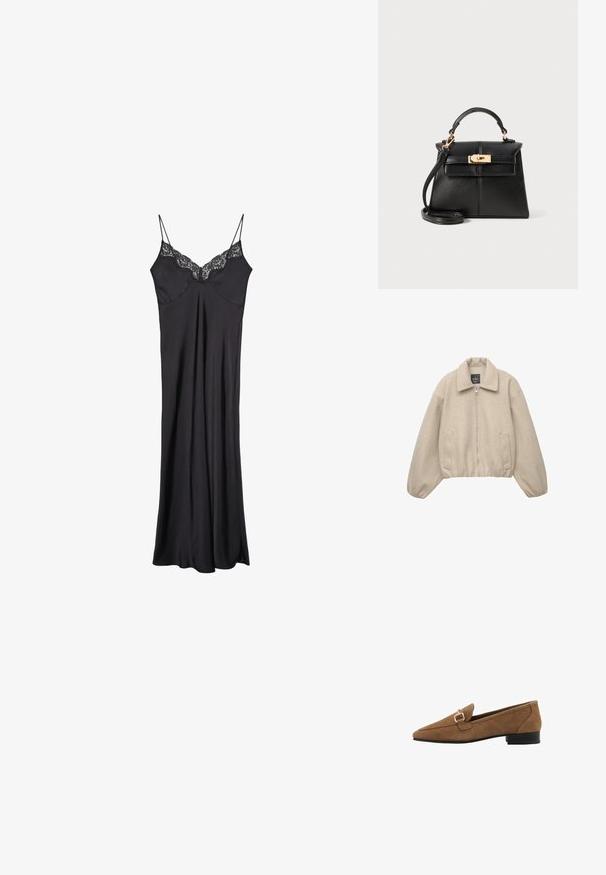 Bež jakna do struka s zatvaranjem na zip, širokim ovratnikom i elastičnim manžetama. Izrađena od mekanog materijala s dvije prednje džepove.; Crna satenska haljina na bretele s podešavajućim trakama i čipkastim detaljem duž dekoltea, s prozračnom i glatkom teksturom.; Smeđa loaferica od antilopa s dizajnom šiljastog vrha, s pozlaćenim kopčom i niskom crnom petom. Glatka tekstura i minimalistički stil.; Crna kožna torbica s strukturiranim dizajnom, gornjom ručkom, odvojivim remenom i zlatnim metalnim detaljima na magnetskom zatvaranju.