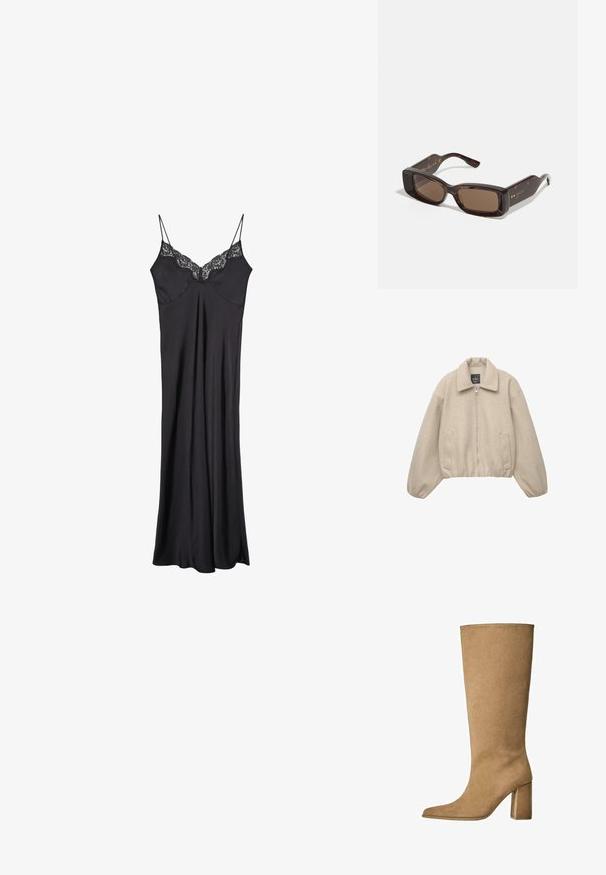 Beige kurze Jacke mit Reißverschluss, breitem Kragen und elastischen Bündchen. Hergestellt aus weichem Stoff mit zwei Fronttaschen.; Schwarzes Satin-Nachthemd mit verstellbaren Spaghetti-Trägern und einer Spitzenverzierung am Halsauschnitt, das eine fließende und glatte Textur aufweist.; Hellbraune Wildleder-Stiefel bis zum Knie mit Blockabsatz, spitz zulaufender Zehenform und glatter Textur. Minimalistisches Design ohne Verzierungen.; Gucci Sonnenbrille mit rechteckigen braunen Gläsern, einem Rahmen aus Schildpatt-Acetat und goldenen Logo-Details an den Bügeln.