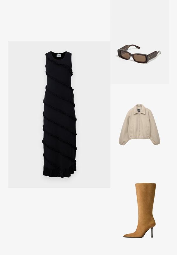 Beige kurze Jacke mit Reißverschluss, breitem Kragen und elastischen Bündchen. Hergestellt aus weichem Stoff mit zwei Fronttaschen.; Schwarz ärmelloses Kleid mit diagonalen Rüschendetails, weichem Stoff, langer Länge und ausgestelltem Saum. Minimalistisches Design ohne Verzierungen.; Knöchelhohe Wildlederstiefel in camel mit spitzem Zehenbereich und dünnem, hohen Absatz. Glatte Textur und elegante Silhouette mit minimaler Detailgestaltung.; Gucci Sonnenbrille mit rechteckigen braunen Gläsern, einem Rahmen aus Schildpatt-Acetat und goldenen Logo-Details an den Bügeln.