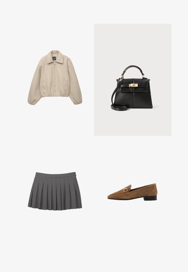 Beige cropped jacket with a zip closure, wide collar, and elasticated cuffs. Made from soft fabric with two front pockets.; Blue knit sleeveless vest featuring a V-neck, cable pattern, ribbed edges, and a small red embroidered logo on the chest.; Gray pleated mini skirt with a buttoned waistband and a small logo embellishment on the right side.; Brown suede loafers with a pointed toe, featuring a gold buckle accent and a low black heel. Simple, smooth texture, classic design.; Black leather handbag with a structured design, top handle, detachable strap, and gold-tone hardware on a magnetic closure.