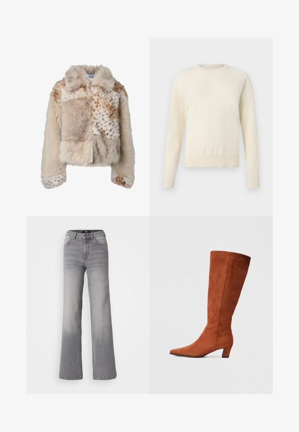 Faux fur jacket in beige tones with varied textures; features patchwork design, collar, and spotted accents on sleeves and body.; Light cream-colored sweater with long sleeves, round neckline, and ribbed hem. Made from a soft material, featuring a smooth texture.; High-waisted straight-leg gray denim jeans with front button and zipper, front and back pockets, and faded shading on thighs and calves.; Brown suede knee-high boot with a pointed toe and a small block heel, featuring a smooth texture and minimalistic design.