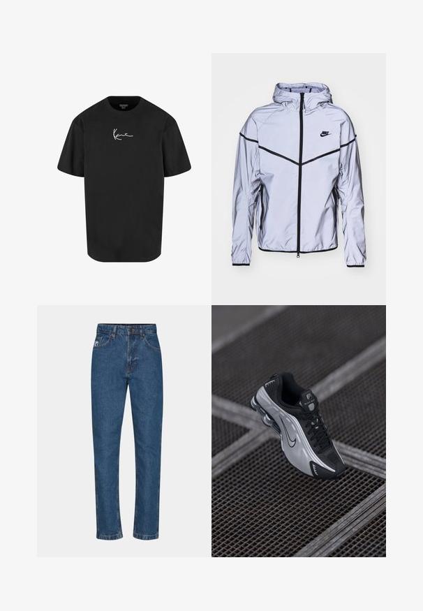 Nike Sportswear Tunn jacka - reflect silver; Svart bomulls t-shirt med kort ärm, rund halsringning och en vit signaturlogo tryckt på framsidan. Slät textur och avslappnad passform.; Blå denimjeans med rak benpassform, framfickor, bältesömmar och en lätt urtvättad textur. Sömmen är synlig längs sömmarna.; Nike:s träningssko med ett svart och silverdesign. Tillverkad i syntetiskt material med mesh detaljer och en stödjande sula med synlig luftdämpning.