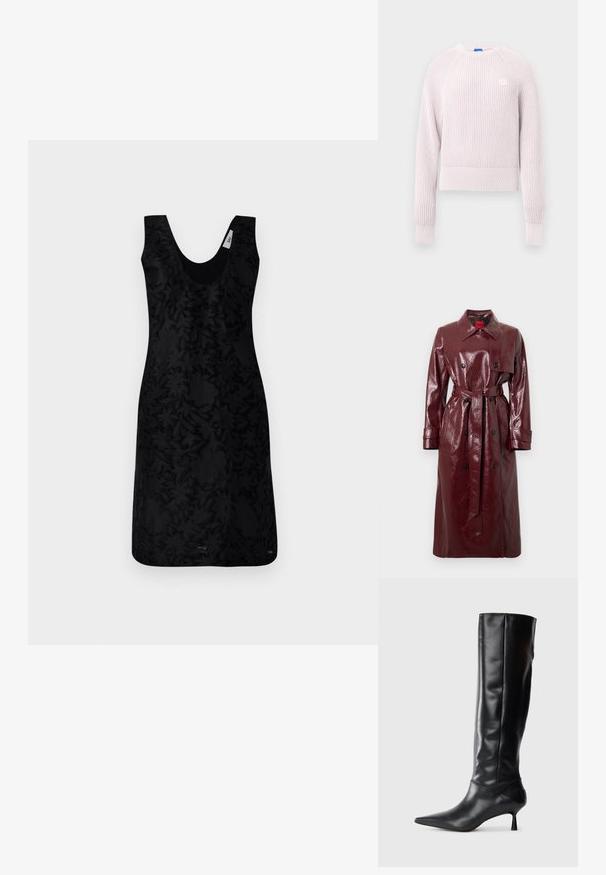 Bordeauxrode glanzende trenchcoat met een tailleceintuur, dubbele knoopsluiting aan de voorkant, grote kraag en twee voorzakken. Soepele, glanzende textuur.; Lichtroze cropped trui met geribbelde textuur, ronde hals en lange mouwen. Voorzien van een klein logo op de borst.; Zwart zonder mouwen jurk met een V-hals, met een textuur met bloempatroon door het geheel. Het ontwerp is gestructureerd, met een aansluitende silhouet.; Zwarte leren kniehoge laars met een spitse neus en slanke gebogen hak. Gladde textuur, aansluitend ontwerp en geen zichtbare hardware of patronen.
