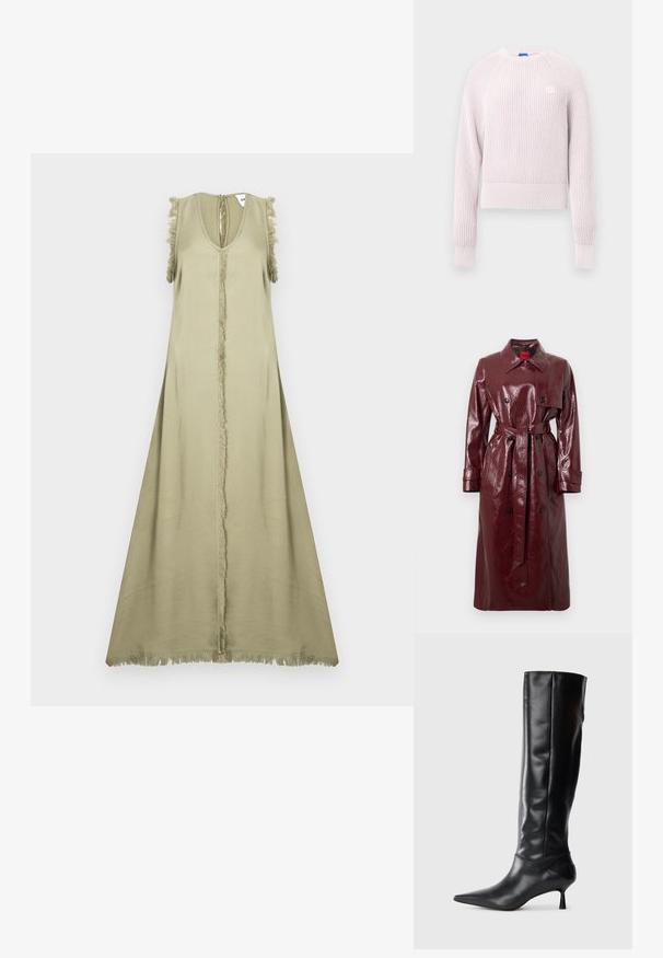 Burgundy glossy trench coat with a belted waist, double-breasted front, large collar, and two front pockets. Smooth, shiny texture.; Light pink cropped sweater with ribbed texture, round neckline, and long sleeves. Features a small logo on the chest.; Sleeveless olive green dress featuring a deep V-neck, center seam, and fringed accents on the shoulders and hem. Smooth, lightweight fabric.; Black leather knee-high boot with a pointed toe and slim curved heel. Smooth texture, fitted design, and no visible hardware or patterns.