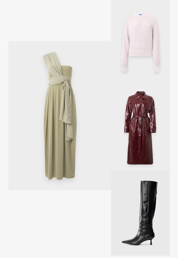 Lesklý bordó trenčkot s páskem v pase, dvouřadým zapínáním, velkým límcem a dvěma předními kapsami. Hladká, lesklá textura.; Světlounce růžový zkrácený svetr s žebrovanou texturou, kulatým výstřihem a dlouhými rukávy. Na hrudi má malou logo.; Midi šaty na jedno rameno v olivové zelené barvě, s drapovaným materiálem a zavinovacím pasem. Hladká textilie s volným designem.; Černé kožené vysoké boty po kolena s špičatou špičkou a štíhlým zakřiveným podpatkem. Hladký povrch, přiléhavý design a žádné viditelné kování nebo vzory.