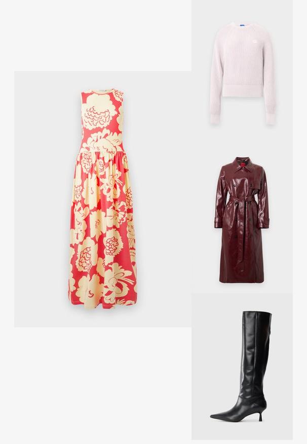 Vīna sarkana spīdīga trenčmētelis ar jostu viduklī, dubultpogājumu priekšā, lielu apkakli un divām priekšējām kabatām. Gluda, spīdīga tekstūra.; Gaiši rozā īss džemperis ar ribotu tekstūru, apaļu kakla izgriezumu un garām piedurknēm. Uz krūtīm redzams neliels logotips.; Bezrokas maksi kleita ar pieguļošu korseti un savāktu svārku, uz tā ir liels krēmkrāsas ziedu raksts uz spilgti korāla fona.; Melnas ādas ceļgala augstuma zābaki ar norādītu purngalu un plānu izliekumu papēdi. Gluda tekstūra, pieguļošs dizains un bez redzamām detaļām vai rakstiem.