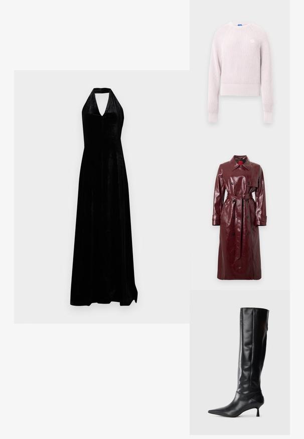 Gabardina brilhante bordô com cintura cingida por cinto, frente de abotoamento duplo, gola grande e dois bolsos frontais. Textura lisa e brilhante.; Camisola rosa claro curta com textura canelada, decote redondo e mangas compridas. Apresenta um pequeno logótipo no peito.; Vestido de noite em veludo preto, com decote halter e profundo em V, e saia até ao chão, em fundo branco liso.; Bota preta de couro até ao joelho com bico fino e salto curvado e esguio. Textura suave, design ajustado e sem elementos metálicos ou padrões visíveis.