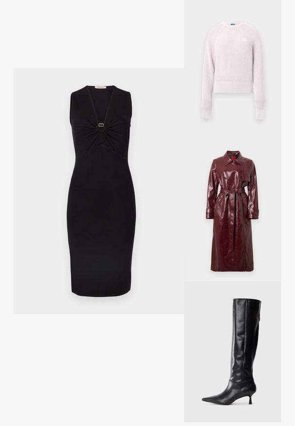 Burgundi värvi läikiv trentšmantel vööga, kahe rinnaga esiosaga, suure kraega ja kahe esetaskuga. Sile, läikiv tekstuur.; heleroosa lühike kampsun soonilise tekstuuriga, ümara kaelusega ja pikkade varrukatega. Esiküljel väike logo.; Mustast varrukateta kleit V-kaelusega ja büstil kogutud detailiga, mille keskel on väike kuldne ringikujuline aksent. Vormi järgiv lõige.; Must musta kõrge saabas terava ninaga ja sihvakate kaartega kontsadega. Sile tekstuur, keha vastav disain ja nähtava riistvarata või mustriteta.