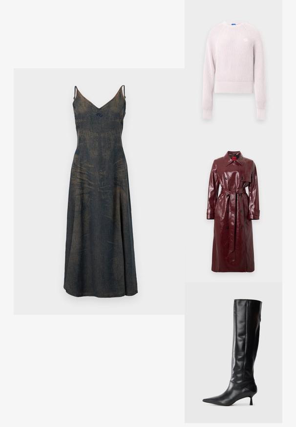 Bordo sjajni baloner s remenom u struku, dvostrukim kopčanjem sprijeda, velikim ovratnikom i dva prednja džepa. Glatka, sjajna tekstura.; Svijetloružičasti kratki džemper s rebrastom teksturom, okruglim izrezom i dugim rukavima. Na prsima ima mali logo.; Traper haljina s V-izrezom, tankim naramenicama i razdraganom suknjom. Materijal je u izblijedjeloj tamnoplavoj boji, otkrivajući suptilne varijacije u teksturi.; Crna kožna čizma do koljena s oštrim vrhom i uskim zakrivljenim petama. Glatka tekstura, prilagođeni dizajn i bez vidljivih dodataka ili uzoraka.