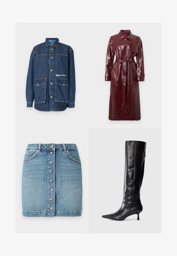 Burgundy glossy trench coat with a belted waist, double-breasted front, large collar, and two front pockets. Smooth, shiny texture.; Light pink cropped sweater with ribbed texture, round neckline, and long sleeves. Features a small logo on the chest.; Dark blue denim jacket with snap buttons, two large front flap pockets, and "Karl Lagerfeld Jeans" embroidered on the chest pocket.; Light blue denim mini skirt featuring a front button closure with silver hardware, two front pockets, and a frayed hemline.; Black leather knee-high boot with a pointed toe and slim curved heel. Smooth texture, fitted design, and no visible hardware or patterns.
