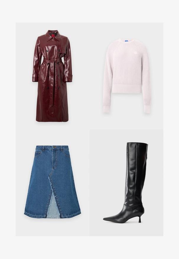 Trench-coat bordeaux brillant avec une taille ceinturée, un devant à double boutonnage, un large col et deux poches avant. Texture lisse et brillante.; Pull court rose clair avec texture côtelée, encolure ronde et manches longues. Présente un petit logo sur la poitrine.; Jupe en denim bleu avec une forme évasée, présentant une fente à l'avant et un ourlet effiloché. Design classique à cinq poches et fermeture à bouton métal.; Botte en cuir noir hautes jusqu'au genou avec un bout pointu et un talon fin et courbé. Texture lisse, design ajusté, sans matériel ni motifs visibles.
