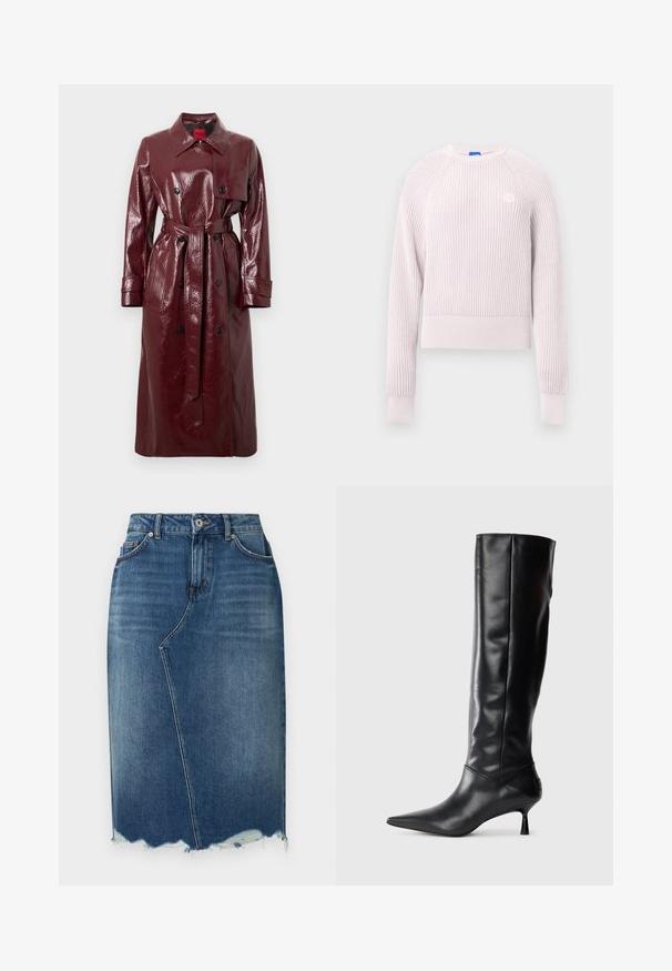 Bordowy błyszczący trencz z paskiem w talii, dwurzędowym przodem, dużym kołnierzem i dwoma przednimi kieszeniami. Gładka, błyszcząca tekstura.; Jasnoróżowy krótki sweter o prążkowanej strukturze, z okrągłym dekoltem i długimi rękawami. Na piersi znajduje się małe logo.; Niebieska ołówkowa spódnica z denimu z asymetrycznym przednim szwem, postrzępionym dołem, szlufkami na pasek i przednimi kieszeniami.; Czarne skórzane kozaki sięgające do kolana z ostrym noskiem i smukłym, zakrzywionym obcasem. Gładka tekstura, dopasowany krój i brak widocznych elementów ozdobnych lub wzorów.