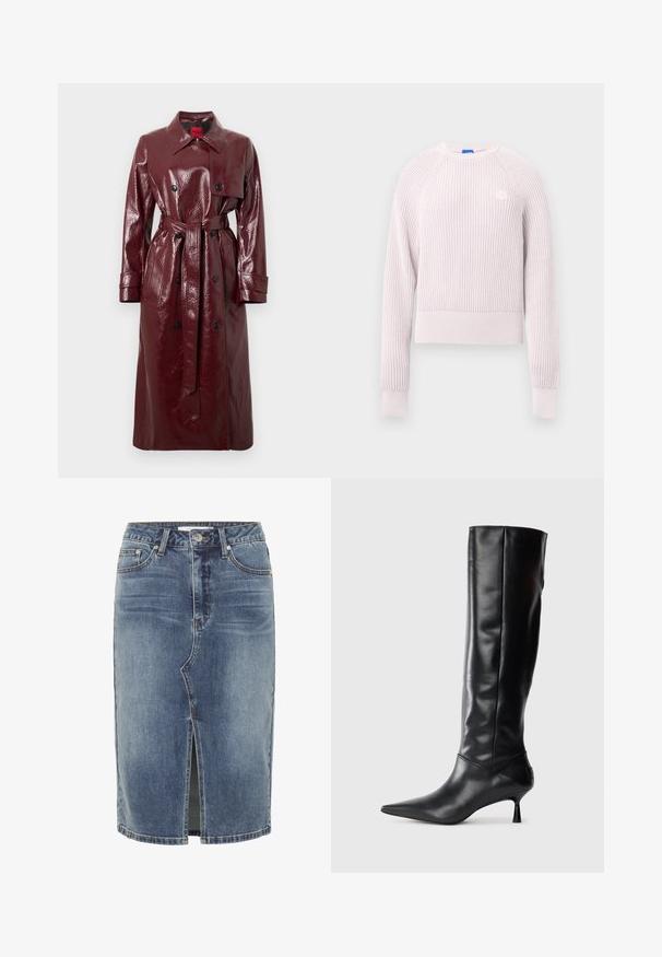 Bordó fényes ballonkabát öves derékkal, dupla soros gombolással, nagy gallérral és két első zsebbel. Sima, fényes textúra.; Világos rózsaszín, rövidített pulóver bordázott textúrával, kerek nyakkivágással és hosszú ujjakkal. A mellkason egy kis logó található.; Kék farmer, térd alatt érő szoknya, elől középen hasított résszel, öt zsebes kialakítással és gombos záródással a derékon.; Fekete bőr, térd fölé érő csizma hegyes orral és karcsú, ívelt sarokkal. Sima tapintás, testhez simuló kialakítás, és látható fémalkatrészek vagy minták nélkül.