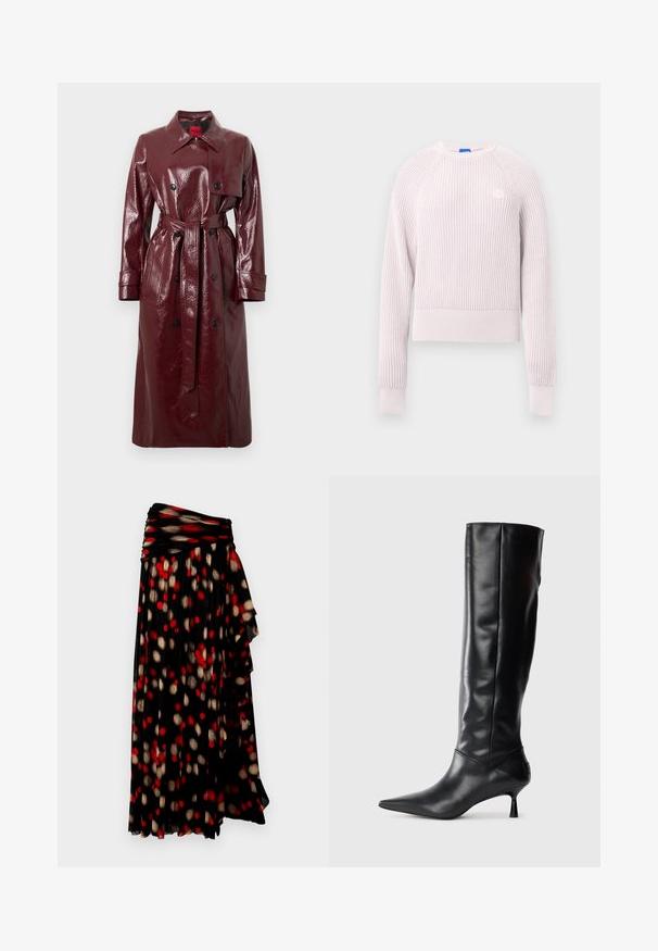 Trench-coat bordeaux brillant avec une taille ceinturée, un devant à double boutonnage, un large col et deux poches avant. Texture lisse et brillante.; Pull court rose clair avec texture côtelée, encolure ronde et manches longues. Présente un petit logo sur la poitrine.; Jupe plissée noire avec taille froncée, présentant un motif de points rouges et dorés sur fond noir. Tissu doux et fluide.; Botte en cuir noir hautes jusqu'au genou avec un bout pointu et un talon fin et courbé. Texture lisse, design ajusté, sans matériel ni motifs visibles.