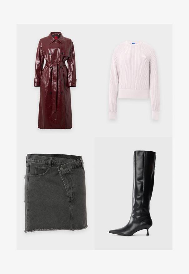 Bordo sjajni baloner s remenom u struku, dvostrukim kopčanjem sprijeda, velikim ovratnikom i dva prednja džepa. Glatka, sjajna tekstura.; Svijetloružičasti kratki džemper s rebrastom teksturom, okruglim izrezom i dugim rukavima. Na prsima ima mali logo.; Crna traper mini suknja s prednjim džepovima, petljama za pojas, zatvaranjem na dugme i sirovim rubom.; Crna kožna čizma do koljena s oštrim vrhom i uskim zakrivljenim petama. Glatka tekstura, prilagođeni dizajn i bez vidljivih dodataka ili uzoraka.