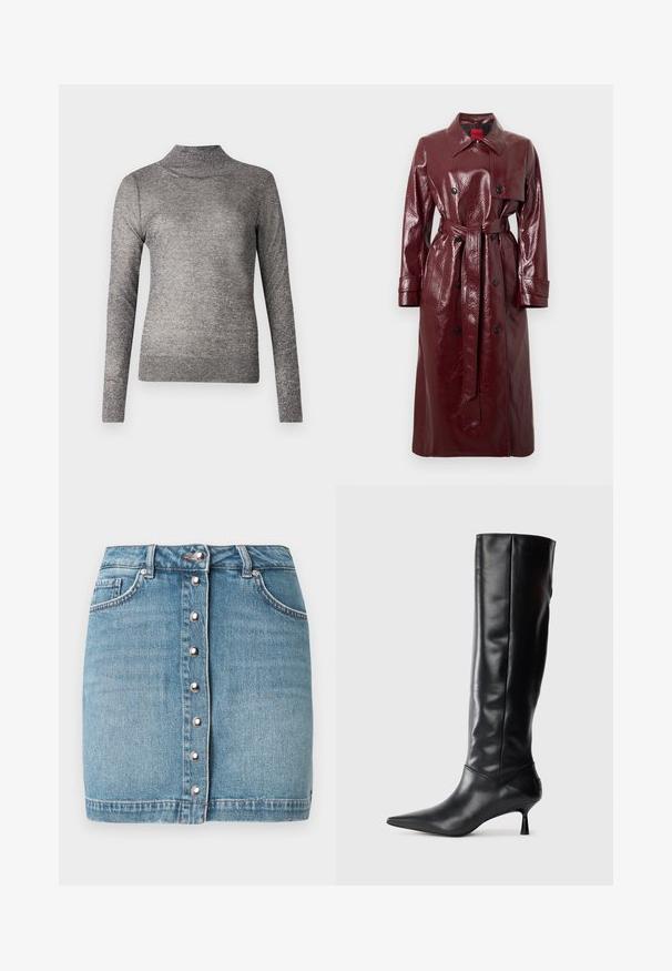 Bordo sjajni baloner s remenom u struku, dvostrukim kopčanjem sprijeda, velikim ovratnikom i dva prednja džepa. Glatka, sjajna tekstura.; Svijetloružičasti kratki džemper s rebrastom teksturom, okruglim izrezom i dugim rukavima. Na prsima ima mali logo.; Sivi pulover s rolkragnem i dugim rukavima, napravljen od sjajnog pletenog materijala. Ima prilagođeni kroj i rebrastu ovratnik.; Svijetloplava mini suknja od trapera s prednjim zatvaračem na gumbe sa srebrnom opremom, dvjema prednjim džepovima i obrubljenim rubom.; Crna kožna čizma do koljena s oštrim vrhom i uskim zakrivljenim petama. Glatka tekstura, prilagođeni dizajn i bez vidljivih dodataka ili uzoraka.