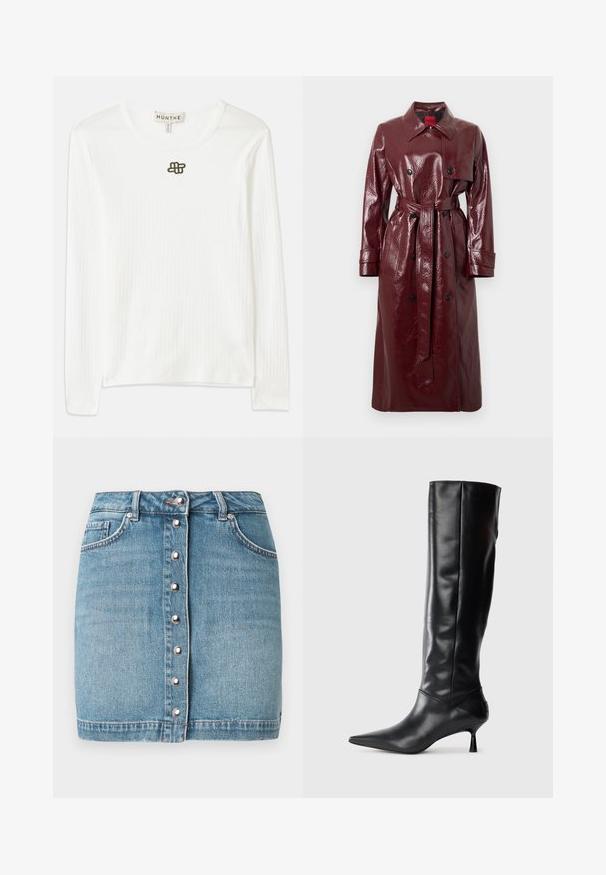 Vinröd glansig trenchcoat med bälte i midjan, dubbelknäppt fram, stor krage och två framfickor. Slät, glänsande yta.; Ljusrosa kort tröja med ribbad struktur, rund halsringning och långa ärmar. Har en liten logga på bröstet.; Långärmad vit ribbad tröja i mjukt tyg, med rund halsringning och en liten mörk broderad logotyp på bröstet.; Ljusblå jeanskjol i mini, med knappstängning framtill i silver, två framfickor och en rå kant nederkant.; Svart läderknähigh boot med spetsig tå och smal, böjd klack. Slät textur, åtsittande design och ingen synlig hårdvara eller mönster.