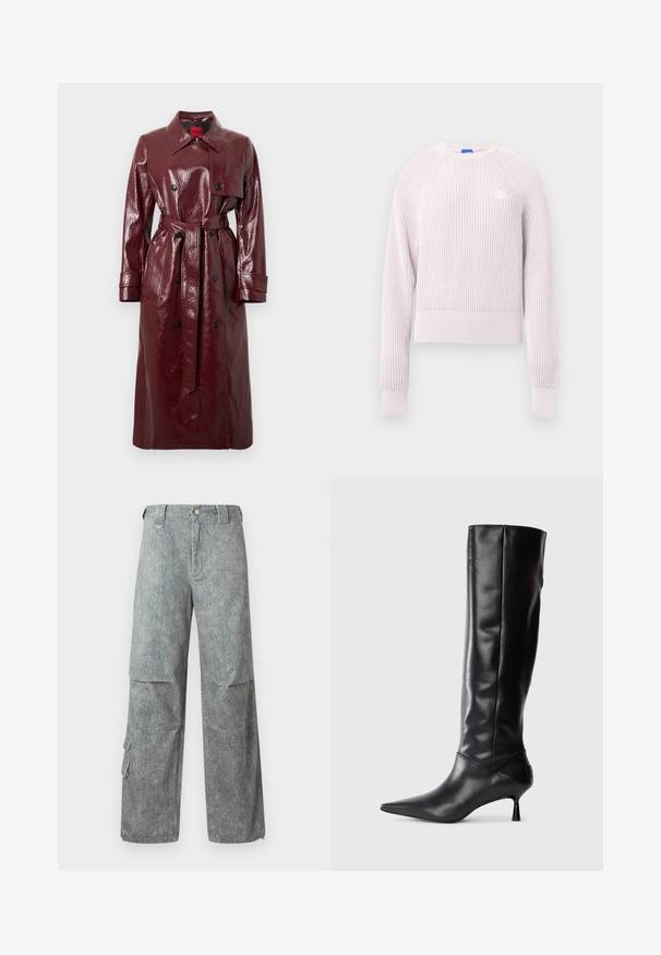 Burgundski sijajni plašč s pasom v pasu, dvoslojen sprednji del, velik ovratnik in dva sprednja žepa. Gladek, sijajen tekstur.; Ružičast roza skrajšan pulover z rebrasto teksturo, okroglim izrezom in dolgimi rokavi. Na prsih je majhen logotip.; Svijetloplave cargo hlače od teksturiranog jeansa s opuštenim krojem, koje imaju velike bočne džepove i kopčanje na gumbe u struku.; Črne usnjene škornje do kolen z ozkim nosom in vitkim, ukrivljenim peto. Gladka tekstura, prilegajoč dizajn in brez vidnih dodatkov ali vzorcev.