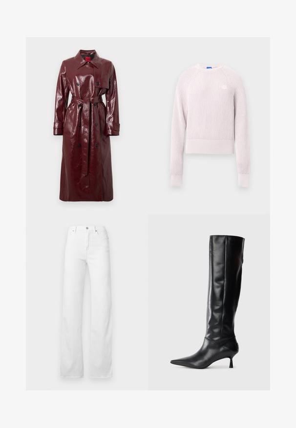 Burgundy glossy trench coat with a belted waist, double-breasted front, large collar, and two front pockets. Smooth, shiny texture.; Light pink cropped sweater with ribbed texture, round neckline, and long sleeves. Features a small logo on the chest.; White denim jeans featuring a straight leg design, five-pocket style, and a classic button and zipper closure with silver hardware.; Black leather knee-high boot with a pointed toe and slim curved heel. Smooth texture, fitted design, and no visible hardware or patterns.