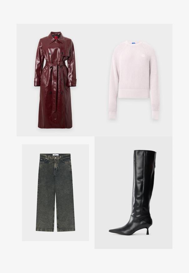 Burgundy glossy trench coat with a belted waist, double-breasted front, large collar, and two front pockets. Smooth, shiny texture.; Light pink cropped sweater with ribbed texture, round neckline, and long sleeves. Features a small logo on the chest.; Wide-leg jeans in dark grey denim with a textured finish, featuring a button closure, belt loops, and front pockets.; Black leather knee-high boot with a pointed toe and slim curved heel. Smooth texture, fitted design, and no visible hardware or patterns.
