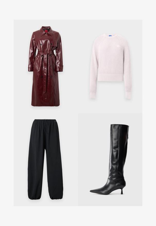 Bordo blizgus tranšėjos paltas su diržu juosmenyje, dvigubo sagstymo priekyje, dideliais atlapais ir dviem priekinėmis kišenėmis. Lygus, blizgus paviršius.; Šviesiai rožinis trumpas megztinis su gofruota struktūra, apvalia iškirpte ir ilgomis rankovėmis. Ant krūtinės yra mažas logotipas.; Juodi plačiai iškirpti kelnių modeliai, pagaminti iš lengvos medžiagos. Juose yra elastinga juosmens juosta su raišteliu ir reguliuojamos rankovės apačioje.; Juodai odiniai iki kelių batai su smailiu pirštu ir plonu lenktu kulnu. Lygus paviršius, prigludęs dizainas ir be matomų detalijų ar raštų.