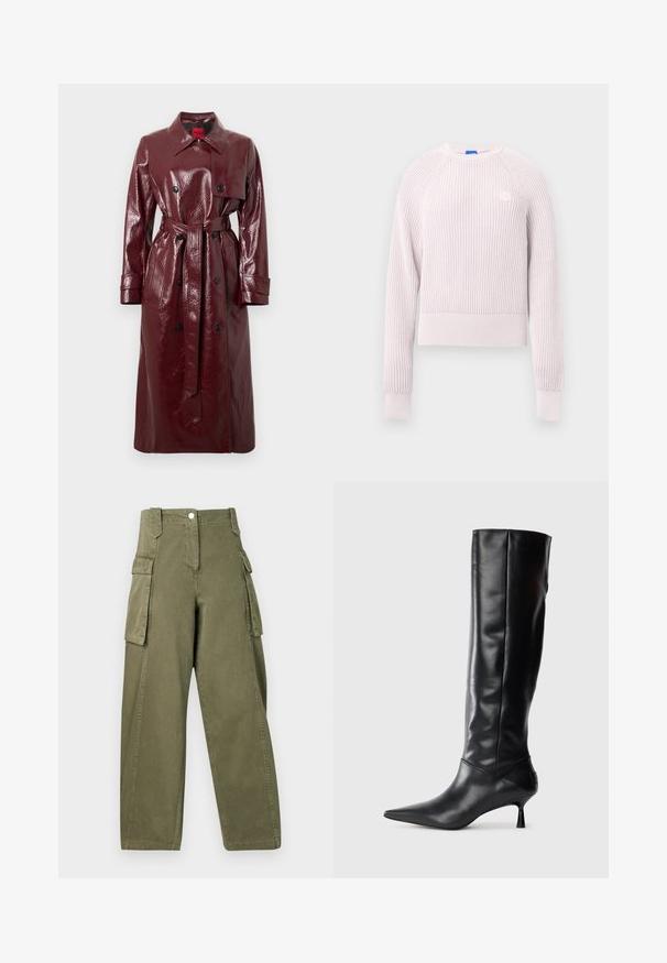 Burgundy glossy trench coat with a belted waist, double-breasted front, large collar, and two front pockets. Smooth, shiny texture.; Light pink cropped sweater with ribbed texture, round neckline, and long sleeves. Features a small logo on the chest.; Olive green cargo pants with a loose fit, featuring side pockets, a front button, and a smooth cotton-like texture.; Black leather knee-high boot with a pointed toe and slim curved heel. Smooth texture, fitted design, and no visible hardware or patterns.